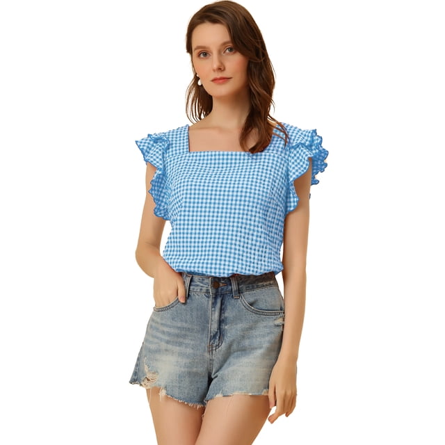 Top de verano a cuadros para mujer Blusa de manga con volantes y cuello cuadrado Azul L
