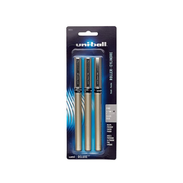 uniball Deluxe Rollerball Pens, Fine Point (0.7mm), Black, 3 Count