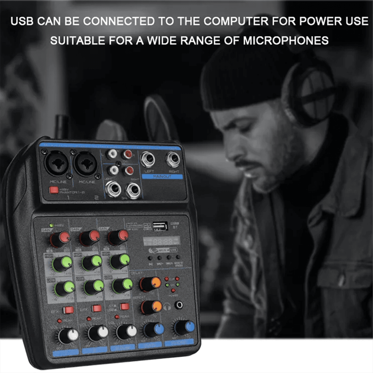 4 Channel Audio Mixer Mini Sound Mixing Console Bluetooth 48V Power Supply for Music DJ Recording Karaoke System