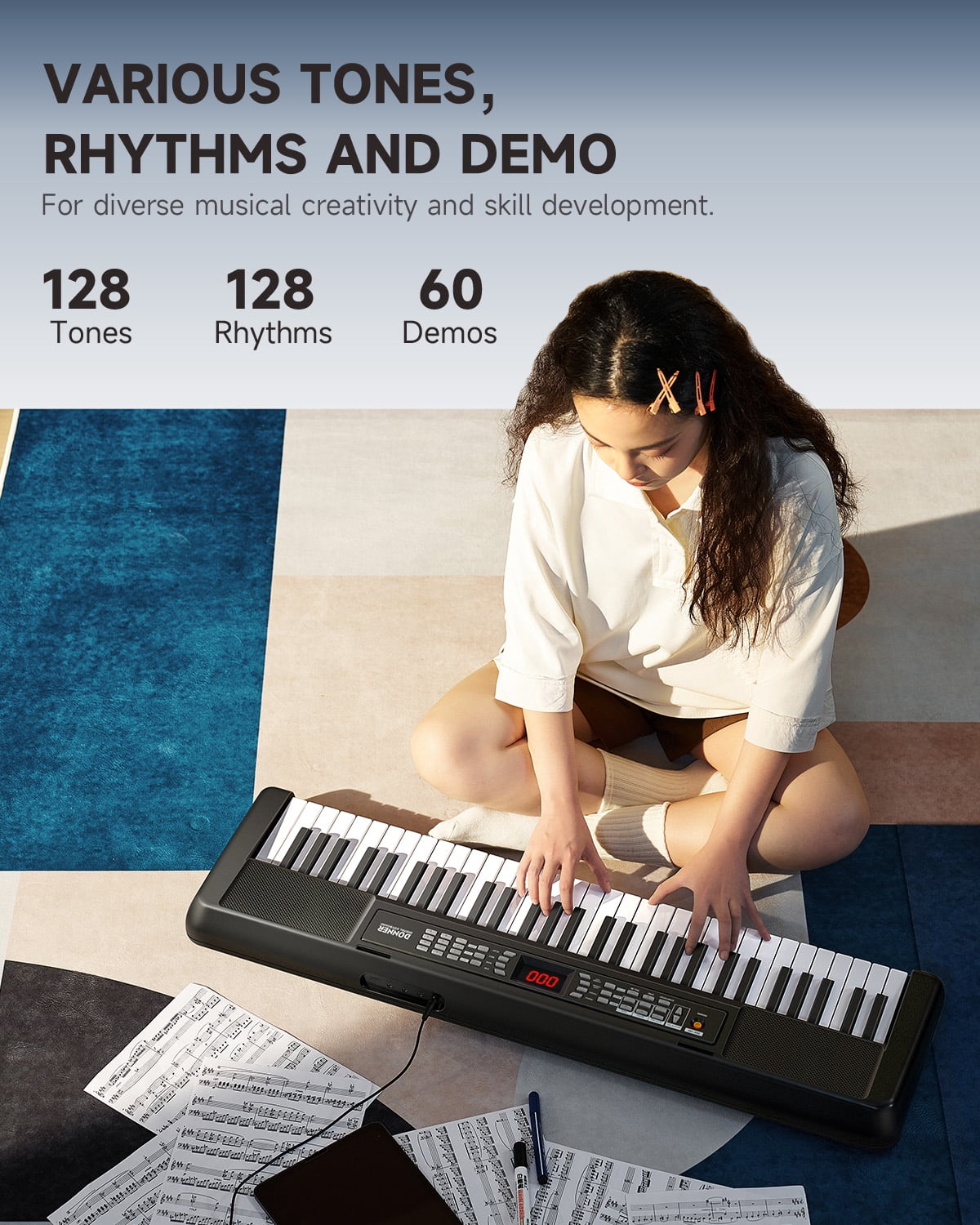 Donner DEK-100 61-Key Portable Digital Piano for Beginners, 128 Tones & Rhythms, Sustain Pedal, Auto Accompaniment, Lightweight & Compact