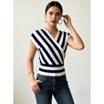 thumbnail image 5 of Women Tops Cap Sleeve Dressy Casual V Neck Stripe Shirts Summer Business Work Blouses Outfits White & Blue M, 5 of 9