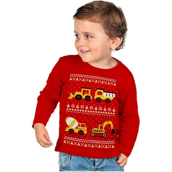 Tstars Construction Trucks Kids Ugly Christmas Sweater Style Toddler Long Sleeve T-shirt 2T Red