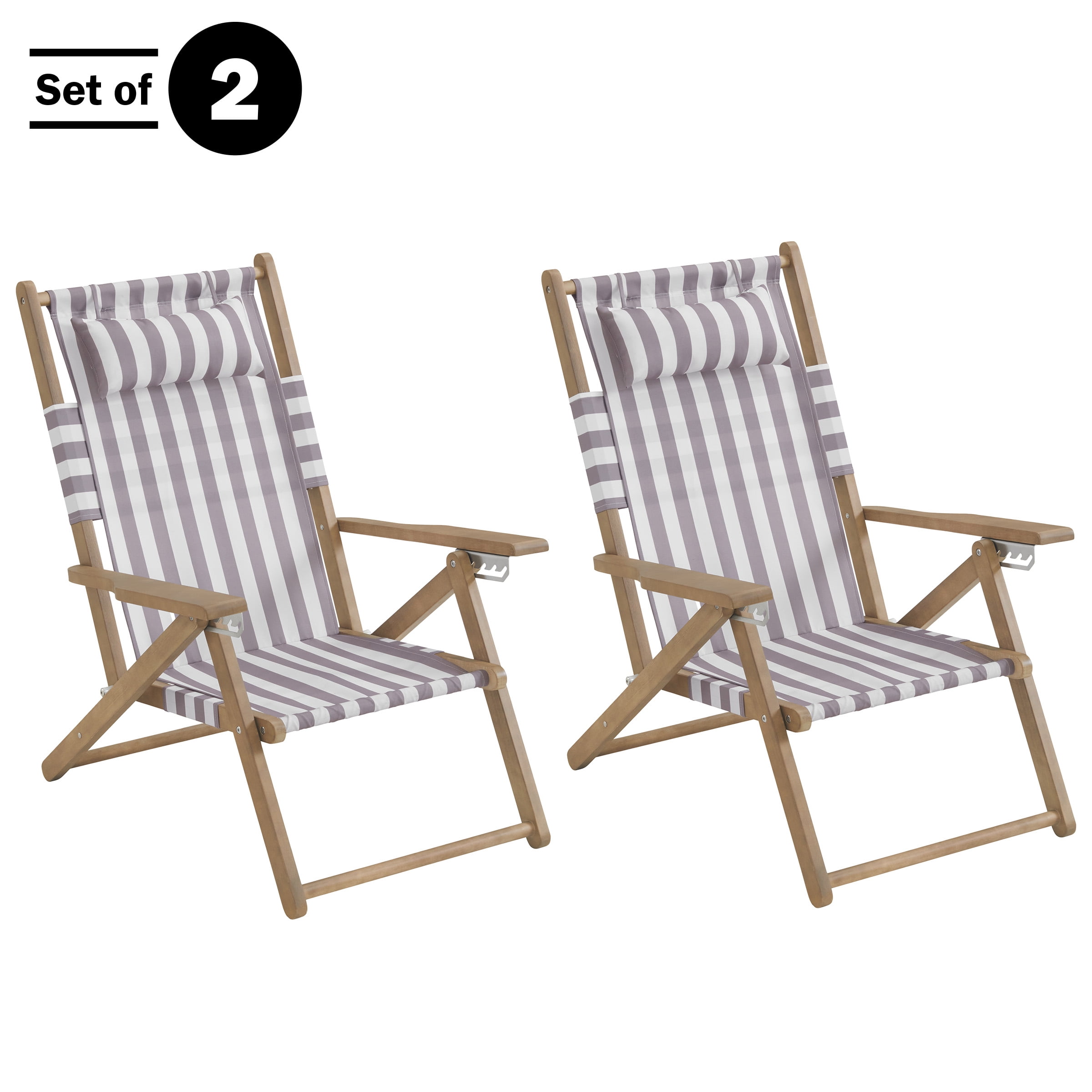 Lavish Home Set of 2 Folding Beach Chairs – 4-Position Recliners with Carry Straps, Brown Stripe
