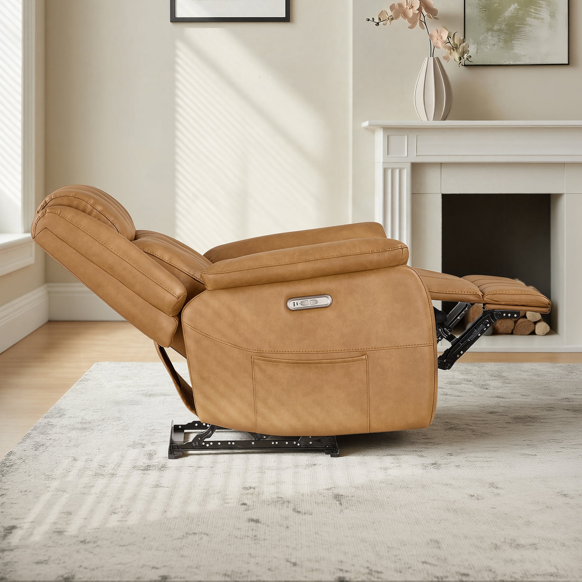 Spruce & Spring Power Recliner Chair, Modern Faux Leather Wall Hugger Electric Recliner Sofa with Channel Tufted Back and Overstuffed Armrests, Adjustable Living Room Single Sofa, Saddle Brown