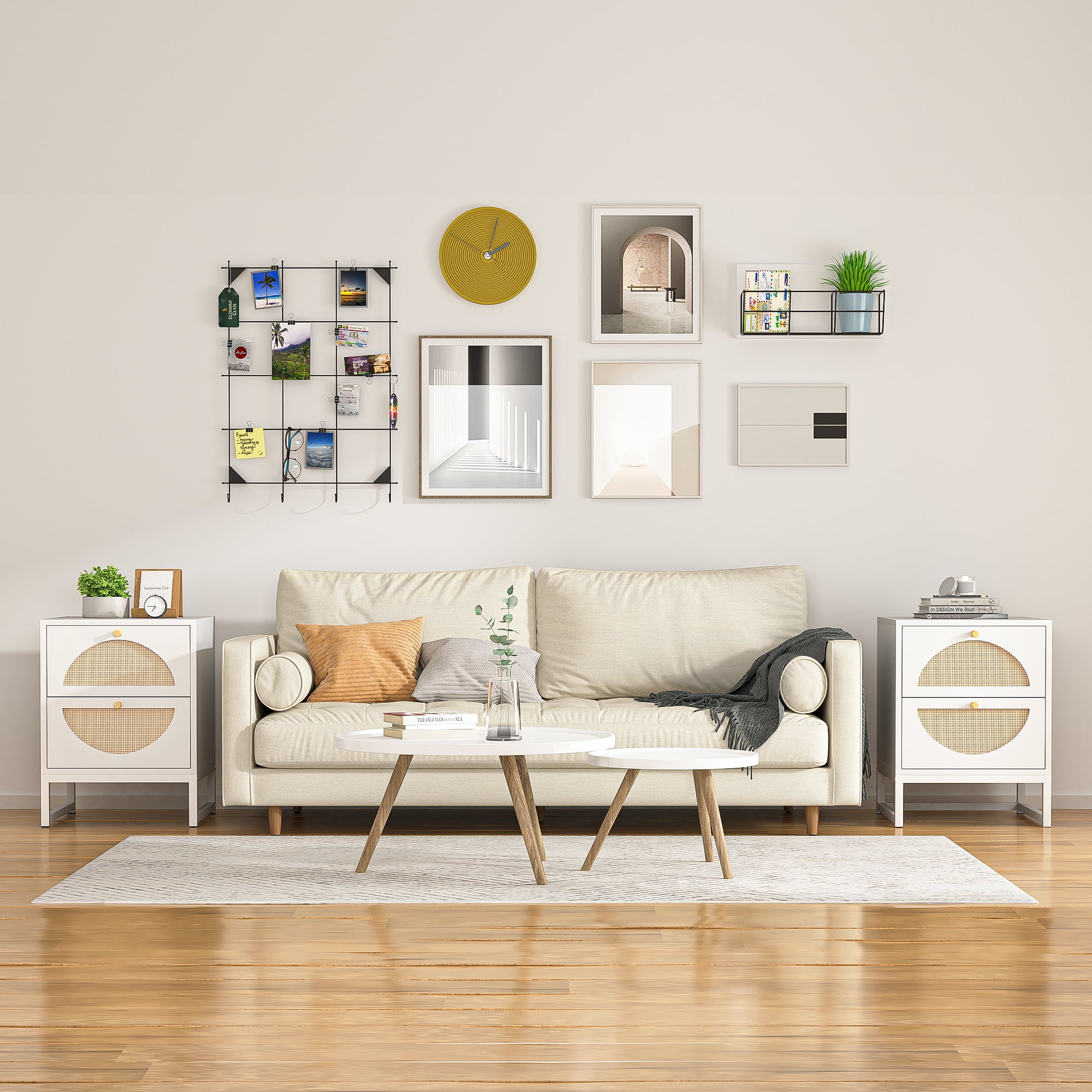 Kadyn Nightstand Set of 2, Bedside Table with 2 Natural Rattan Drawer & Metal Legs, White Side Table for Bedroom Kadyn Nightstand Set of 2, Bedside Table with 2 Natural Rattan Drawer & Metal Legs, White Side Table for Bedroom