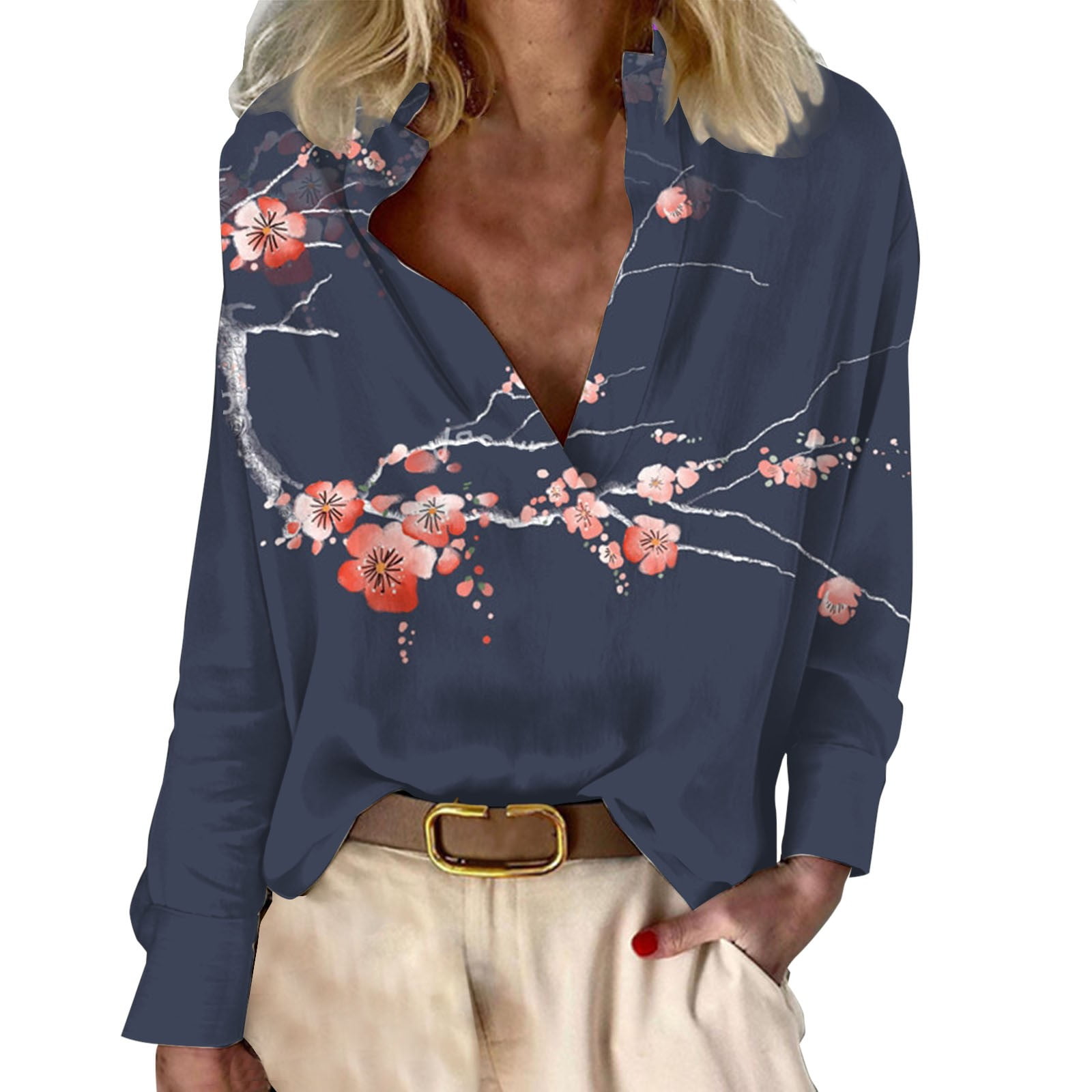 gvdentm Women’s Long/Long Sleeve Tops Lace Shirt Casual Loose T Shirts Blouses Blouses For Women Navy Small