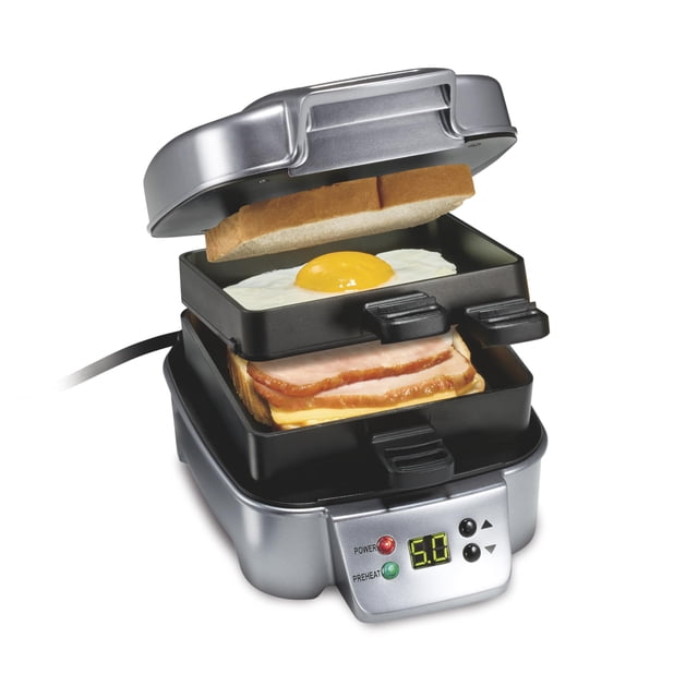 Hamilton Beach Sandwich Stacker Customizable Hot Sandwich Maker, 24 Sq. In. Non-Stick PFAS-Free Cooking Surfaces, Built-In Timer, Compact, Dishwasher-