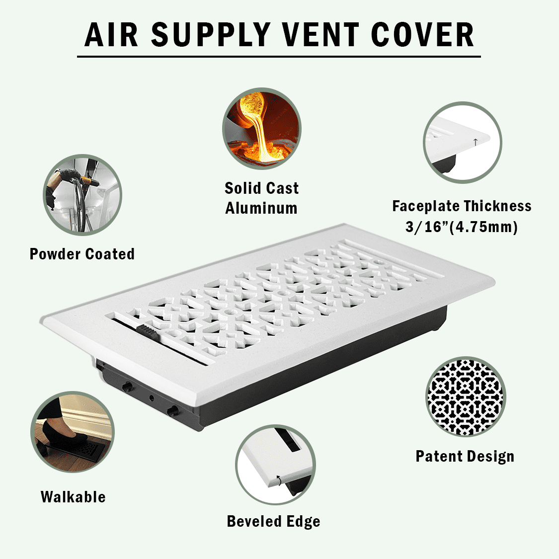 Achtek Air Supply Vent 4"x 14" Duct Opening (Overall 5-1/2"x 15-3/4") Solid Cast Aluminum Register Cover | Powder Coated
