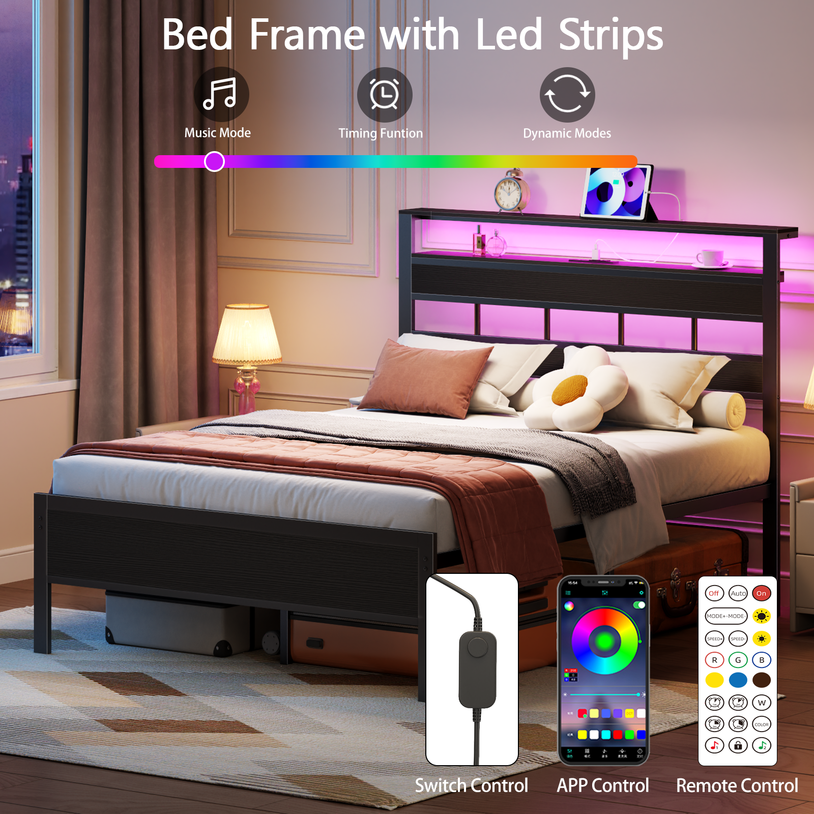 Glozzt Full Size Bed Frame with Upholstered Storage Headboard and LED Light, Platform Bed with Metal Slats, Noise Free Design
