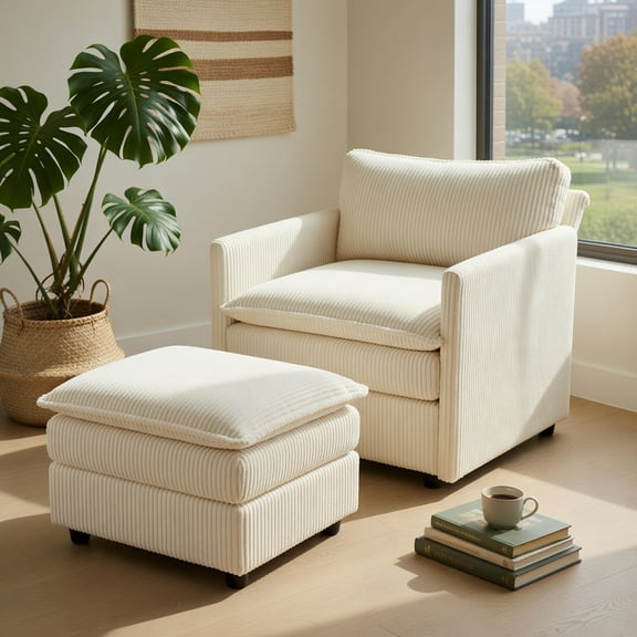 Barara King Modern Accent Chair with Ottoman with Soft Corduroy Cushions, Oversized Reading Chair for Living Room, Bedroom, Home Office, Beige