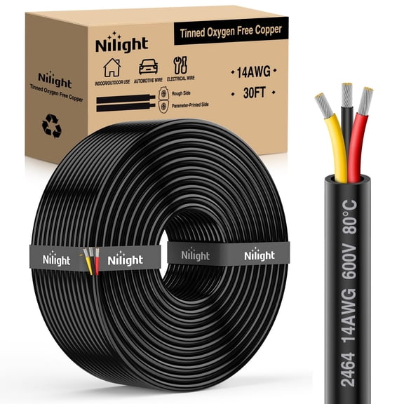 Nilight 30FT 14 Gauge 3 Conductor Electrical Wire Tinned Oxygen Free Copper Red Black Yellow 3 Wires Parallel 600V DC Flexible PVC Case Extension Cords for LED Strips Lamps Lighting