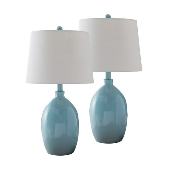 Pilaster Designs VV-LA-024 Bleu avec Abat-Jour en Tissu Blanc Lampes de Table Contemporaines (Lot de 2)