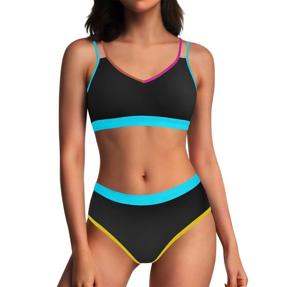 RYRJJ Womens High Waisted Bikini Sets Two Piece Swimsuits Modest Color Block Adjustable Straps Bathing Suits(Black Blue,S)