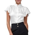 thumbnail image 2 of Uootdi Work Tops for Women Stand Collar Flutter Short Sleeve Button Front Plain Satin Womens Shirts Straight Fit Business Casual Silky Summer Blouses for Women, 2 of 5