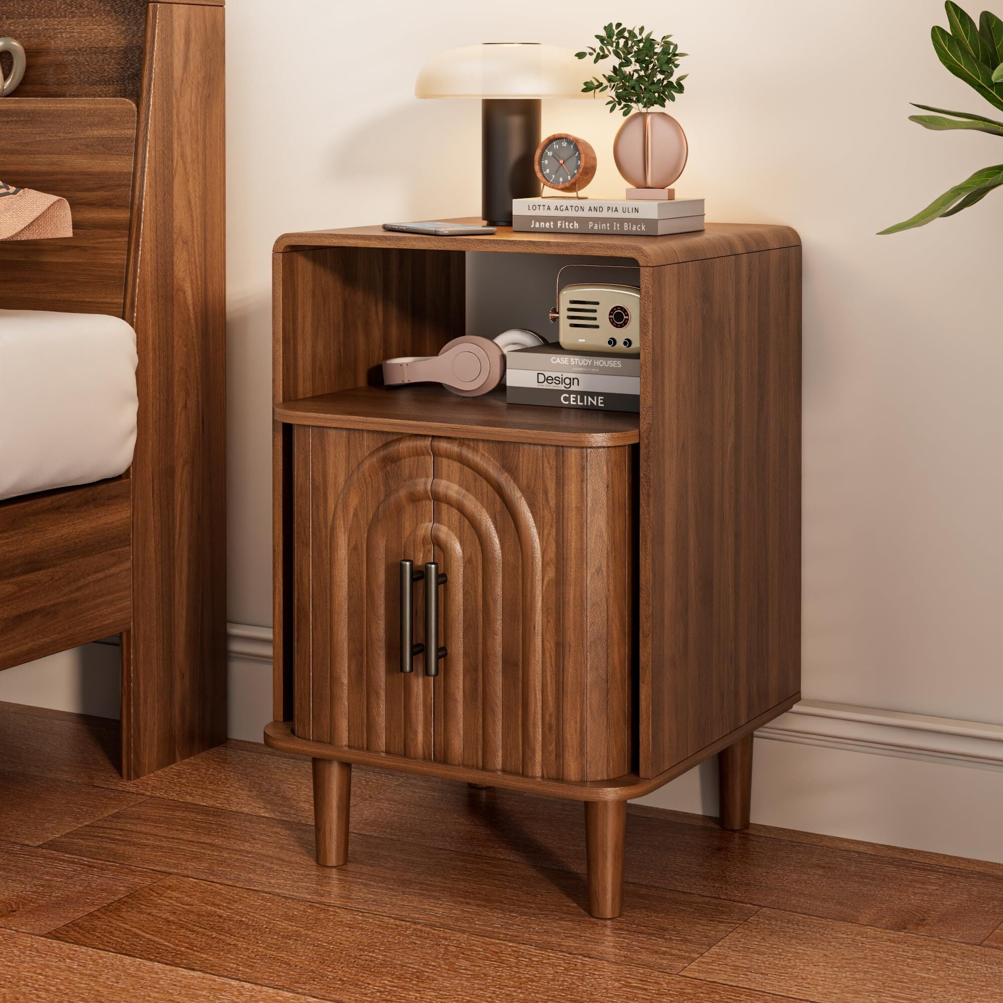 Mid Century Nightstand Set of 2, Fluted Bedside Tables with Storage, Small Vintage End Tables for Bedroom, Walnut
