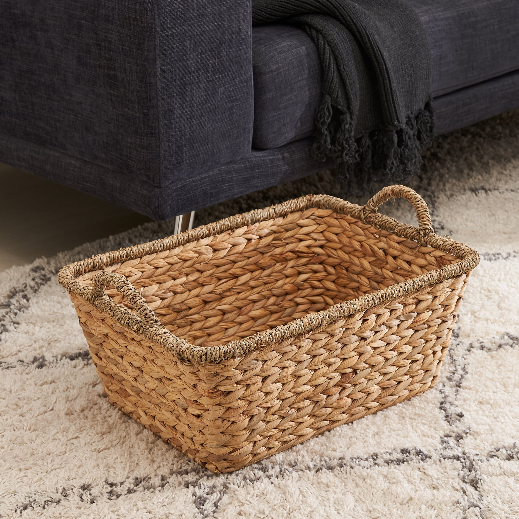 Eliana 19-Inch Rectangular Hand-woven Water Hyacinth Organizing Basket with Handles