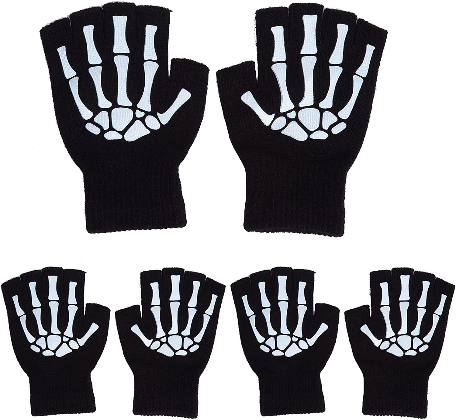 3 Pairs Stretch Knitted Skeleton Gloves, Winter Warm Luminous Gloves