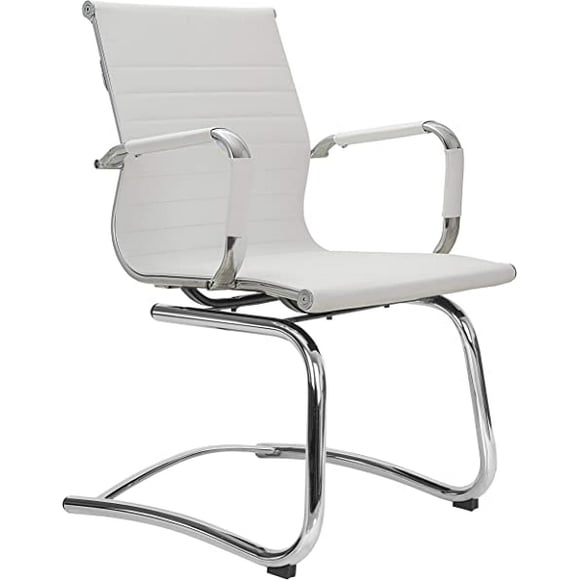 Silla Oficina Semi Ejecutiva Visitante Sala Espera Trineo Piel PU Blanca Rep Eames Aluminium Grupo Microtec Secretarial Minimalista Moderna Visita Fija (Blanco) Grupo Microtec Eames Aluminium