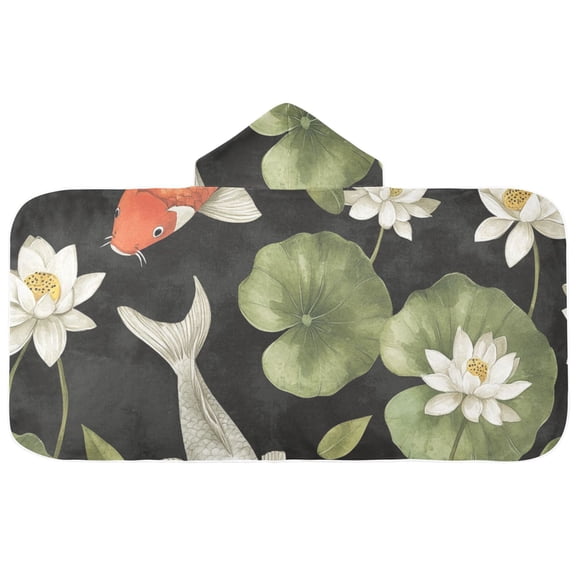 Fish and Lotus Flowers Hooded Beach Towel Kids Bath Towels Quick Dry for Pool Swiming 50" x 23.5" Microfiber Soft Bathrobe