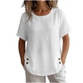 thumbnail image 4 of Tqcoqu Women's Cotton Linen Short Sleeve Tops,Crew Neck Side Button Shirts Casual Loose Fit T-Shirt,White Women's S-XXL, 4 of 8