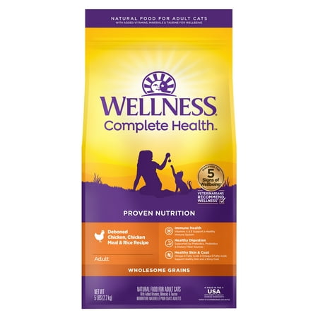 Wellness Complete Health Adult Dry Cat Food, Natural, Wholesome Grains Kibble, Chicken Recipe, 5 lb Bag