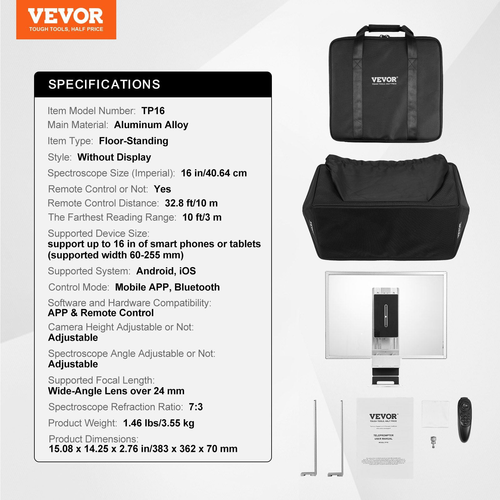 Adjustable 16'' Floor-Mounted Teleprompter with Remote - Perfect for Live Streaming on Phone & Webcam