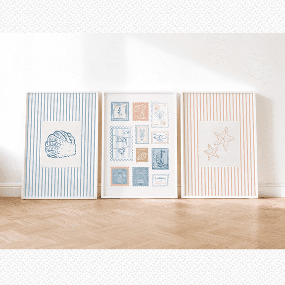 Coastal Vintage Stamp Neutral Beach House Poster Set, Poster Only
