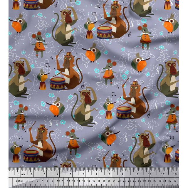 Soimoi Rayon Fabric Musical Instruments,Monkey & Rat Cartoon Fabric Prints by Yard 56 Inch Wide