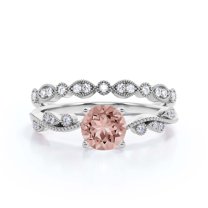 Twisted Boho & hippie 1.75 Carat Round Cut Morganite And Diamond Moissanite Engagement Ring Wedding Ring in 10k Solid White Gold, Promise Ring, Anniversary Ring, Bridal Set, Matching Band