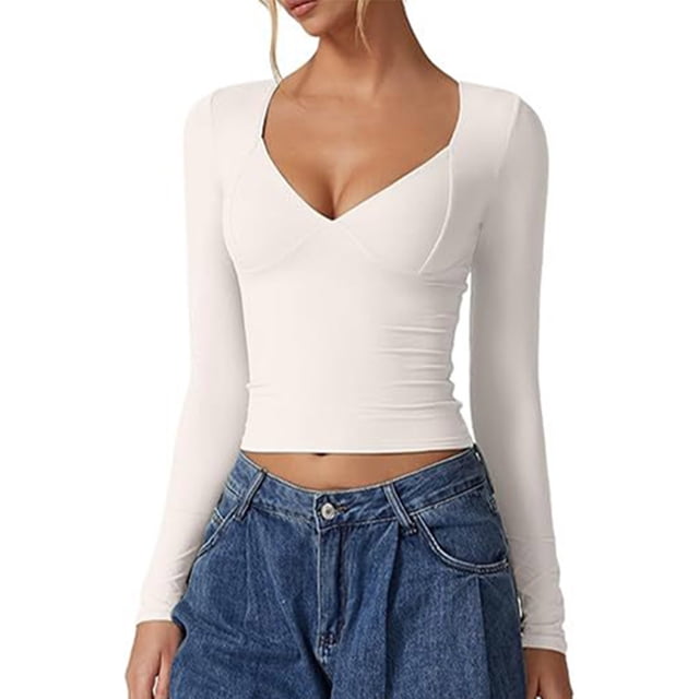 Dealovy Womens Long Sleeve Shirts Crop Going out Tops Low Cut V Neck Slim Fitted Solid Color Basic Undershirts