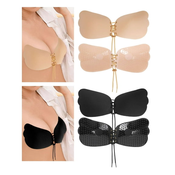 Luxtrada Strapless Self Adhesive Bra, Push Up Invisible Silicone Bras for Women with Drawstring Suit For Dress Wedding Party "Cup C,Black"