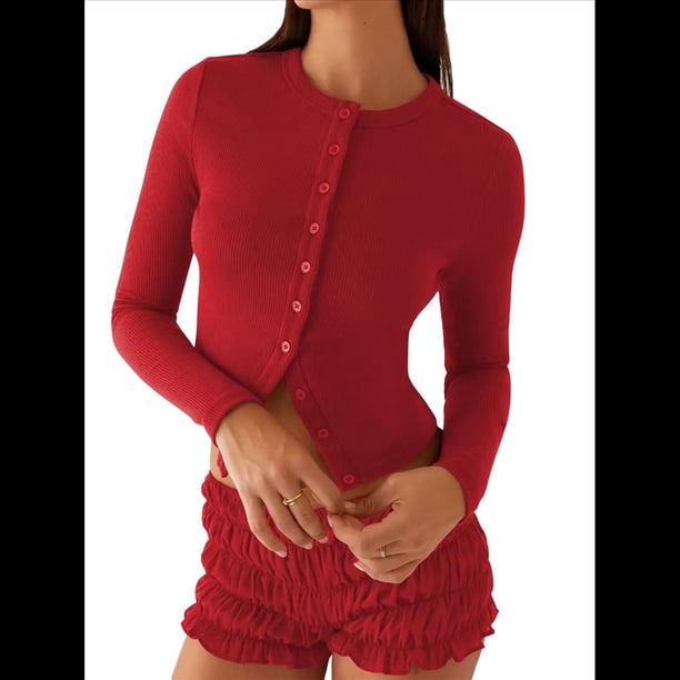 Blusas de Larga para Mujer, Cárdigan Ligero de Otoño, Camisetas para Salir, Blusas Acanaladas con Botones, Lindas y A Rojo L