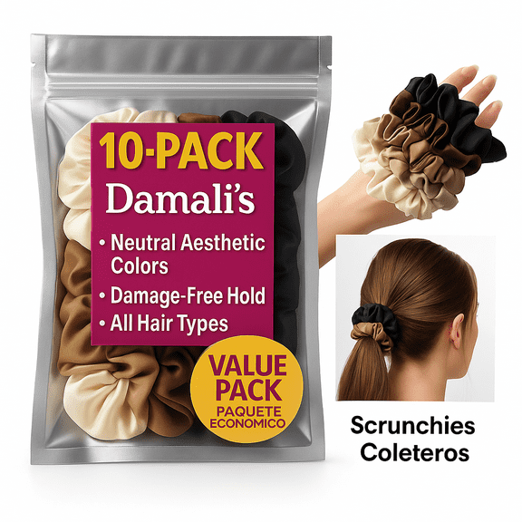 10-Pack Satin Scrunchies for Women, Neutral Aesthetic No-Damage Hair Ties, Soft Silk-Like Elastic Ponytail Holders for All Hair Types – Gentle, Durable, Anti-Frizz Hair Accessories