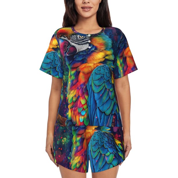 Balery Vibrant Rainbow Parrot Fantasy Conjunto de Pijama para Mujer con Estampado, Dos Piezas de Manga Corta y Shorts, Ropa de Dormir Suave con Cuello Redondo y Bolsillos-X-Large