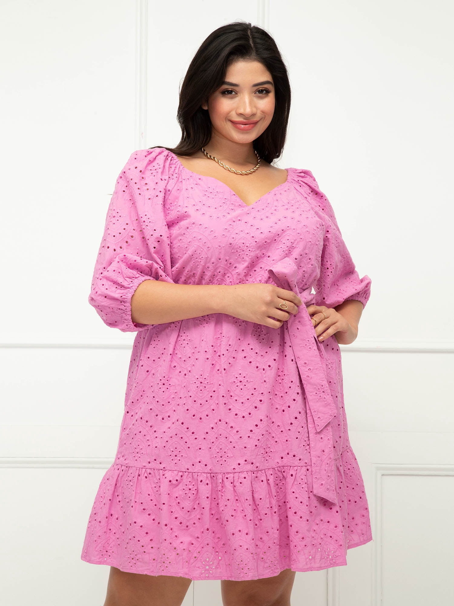 ELOQUII Elements Women's Plus Size Belted Eyelet Dress