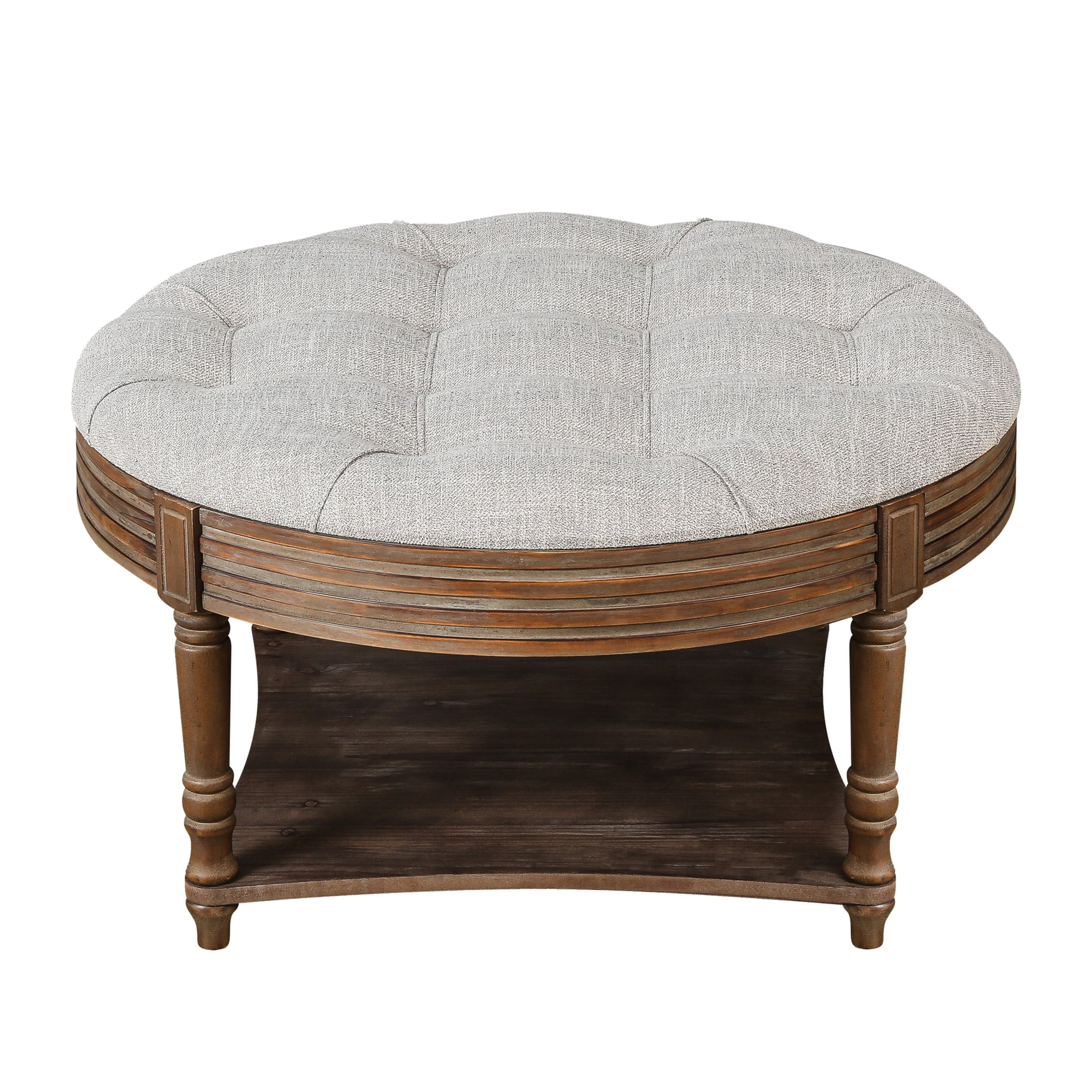 Noble House Large Round Tufted Ottoman Coffee Table with Wooden Storage Shelf, Waterproof Farmhouse Upholstered Footstool,Light Gray
