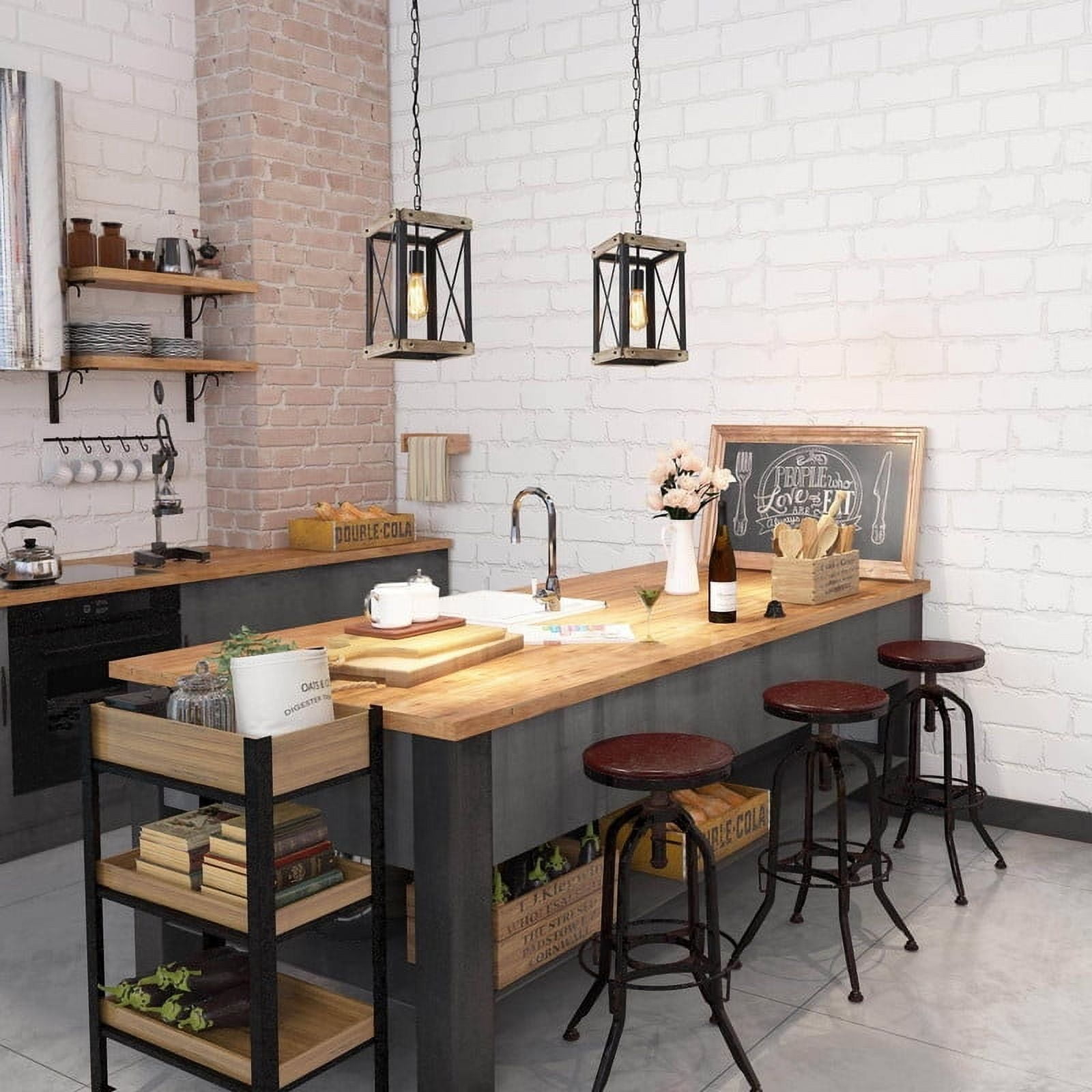 LNC 1-Light Farmhouse Pendant Light For Kitchen Island, Rustic Brushed Black and Wood Finish