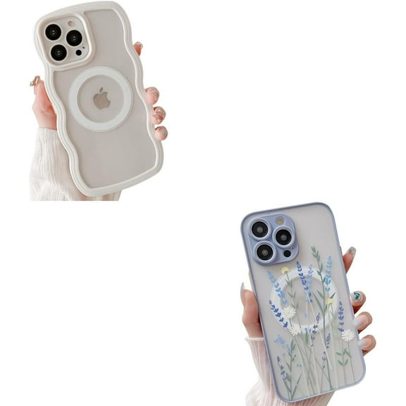 Magnetic Case for iPhone 14 Pro Max Compatible with Magsafe, Cute Curly Wave Frame with Clear Fashion Designs and Aesthetic Flower Floral Pattern Design Case for Girls Women