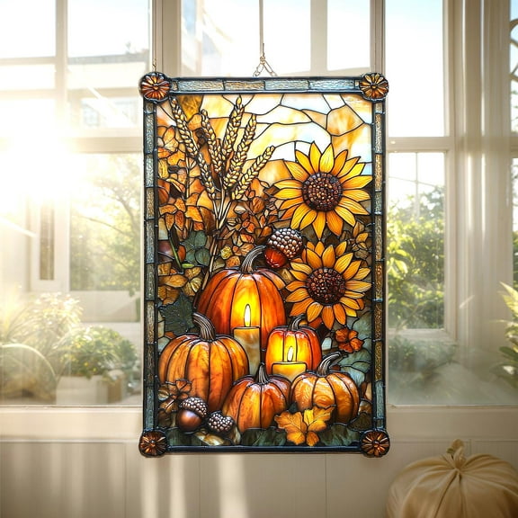 Thanksgiving Pumpkin Wavy Acrylic Suncatcher, Faux Wavy Acrylic Fall Window Hanging, Harvest Sunflower Decor Gift For Kitchen Or Mom