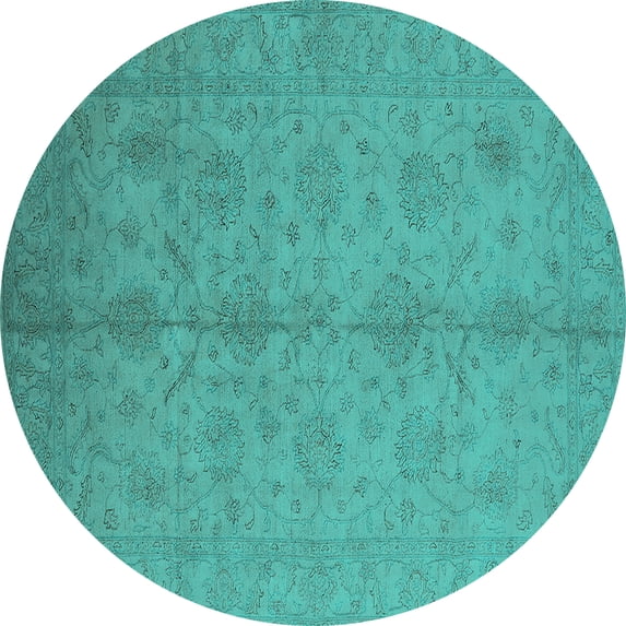 Ahgly Company Machine Washable Indoor Round Oriental Turquoise Blue Industrial Area Rugs, 8' Round