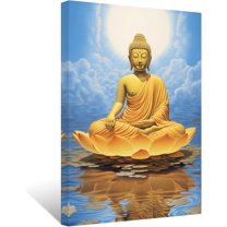 ZHONGYUTONG Golden Buddha Painting Buddha Statue Sitting on Lotus Flower Wall Art Zen Picture Meditation Canvas Artwork Spa Prints for Spiritual Buddhism Prayer Room (24.00" x 36.00")