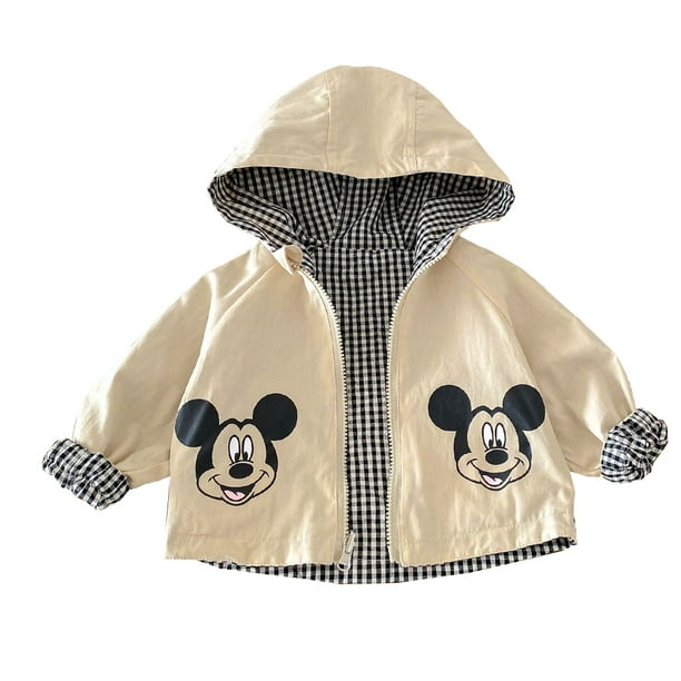 Chaqueta con estampado de Mickey Mouse para niños, ropa de primavera de dibujos animados de Disney, prendas de vestir con capucha de doble cara, chaqueta caqui para niños de 0 a 5 años