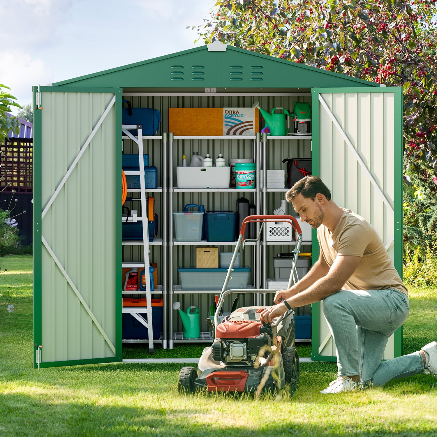Storage Shed, Lofka 6x4 Ft Sheds & Outdoor Storage, Lockable Metal Garden Shed, Tool Shed Tiny House Vertical Outside Storage Building for Backyard, Lawn, Patio, Bike, Green