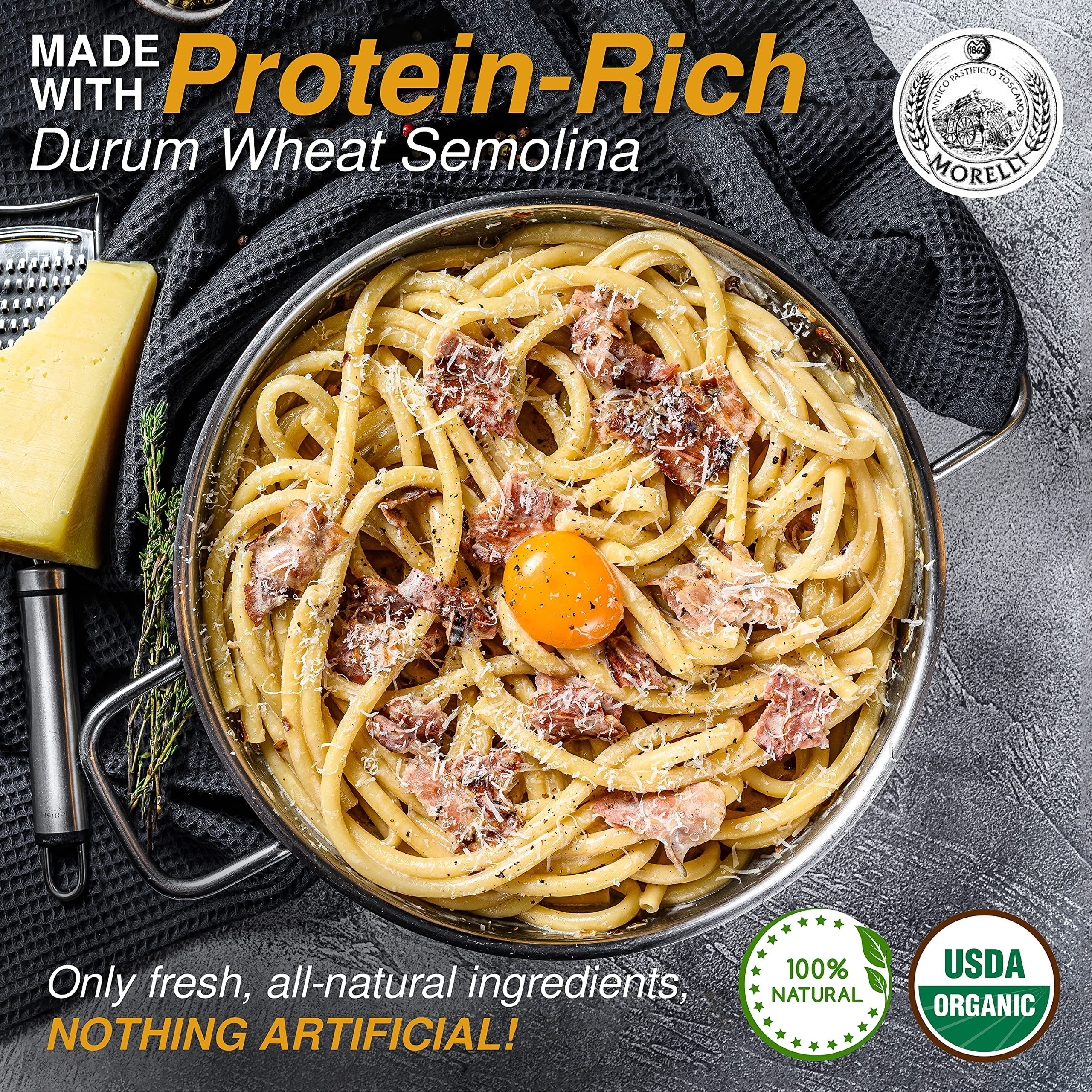 Morelli Bucatini Pasta Noodles - Premium Organic Italian Pasta from Italy - Handcrafted, Family Owned Gourmet Brand - Made with Durum Wheat Semolina 17.6 oz (500 g) - Pack of 2