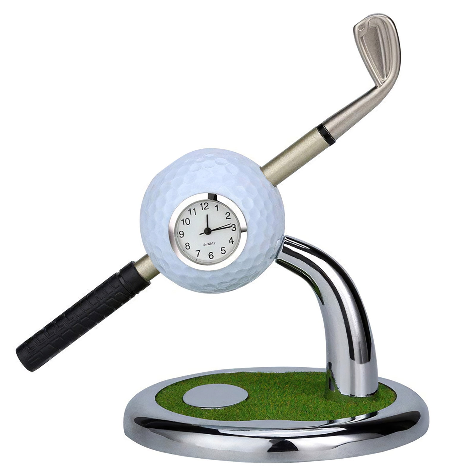 Golf Ball Pen Holder with Electronic Clock Zinc Alloy Desktop Golf Pen Stand Decoration for