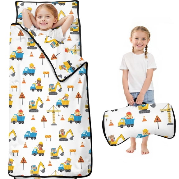 Excavator and Bear White Pattern Toddler Nap Mat with Pillow & Blanket, Soft Sleeping Mat for Preschool Daycare Travel Sleepovers
