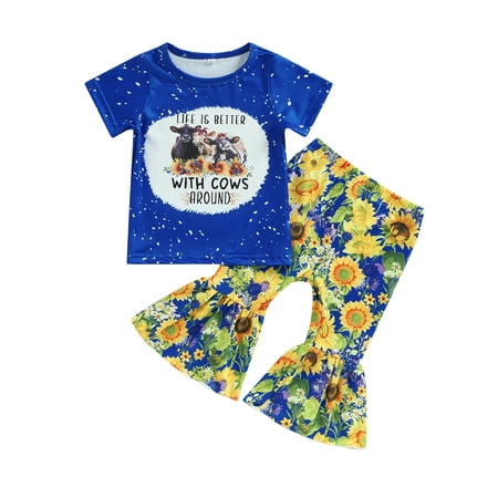 

Toddler Baby Girl Summer Outfits Children Kids Short Sleeve Cow Print T-Shirt Sunflower Flare Pants
