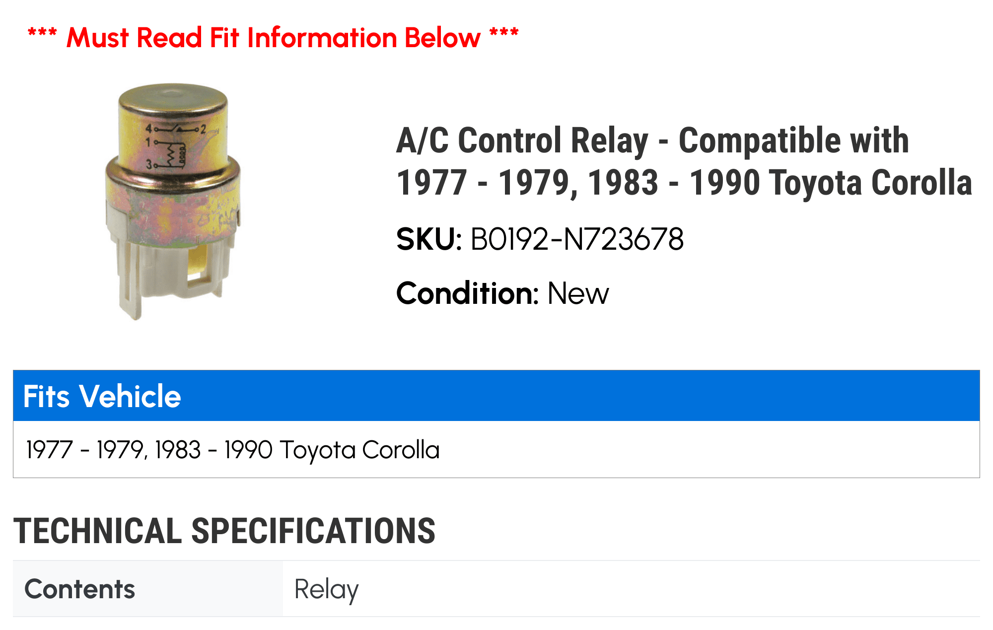A/C Control Relay - Compatible with 1977 - 1979, 1983 - 1990 Toyota Corolla 1978 1984 1985 1986 1987 1988 1989