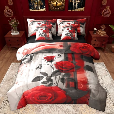 Feelyou Couple Anniversary Rose Twin Bedding Sets 7-Piece Watercolor Abstract Bedding Comforter Set Romantic Butterfly Reversible Sheet Sets Super Cozy Room Decor