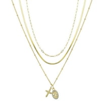 Believe by Brilliance Women's 14Kt Gold Flash-Plated Genuine Crystal Cross and Virgin Mary Layered Pendant Necklaces, 16 2", 17 2", 18 2" Extender